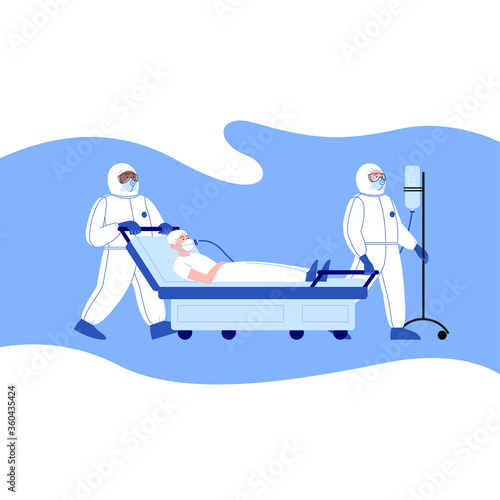 Professional doctors wearing covid-19 protection suit transporting the patient with an oxygen mask at the hospital. Virus outbreak concept photo