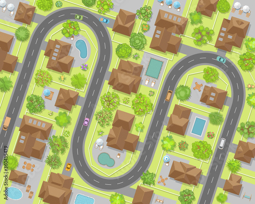 Vector illustration. Cityscape. Top view. The city with streets, houses, roads, cars. View from above.