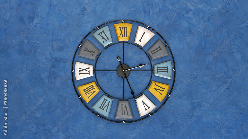 Close up clock set on blue background. Top view with Selective focus. Copy space. Close up clock set on blue background. Top view with Selective focus. Copy space.