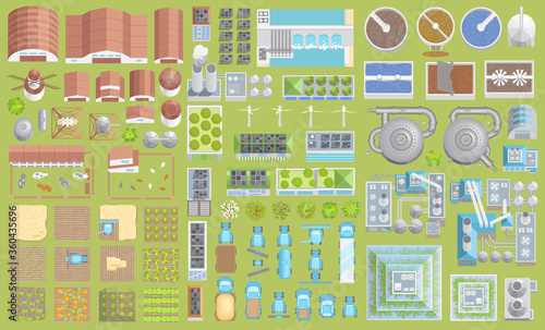 Vector set. Green city. Top view. Ecological technologies. Buildings, equipment, fields. View from above.