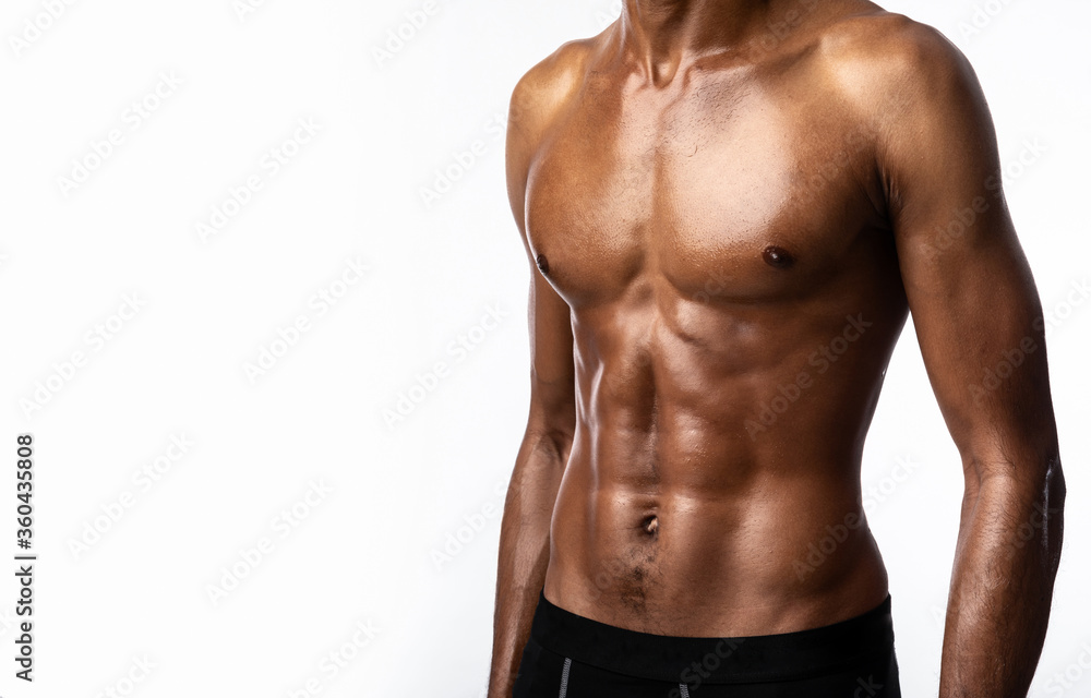 Guy With Perfect Abdominal Muscles Posing On White Background, Cropped