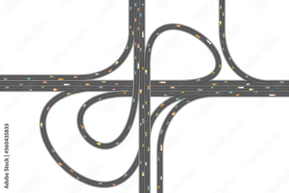 Vector illustration. Roads and transport. Top view. Intersections and overpasses. View from above.