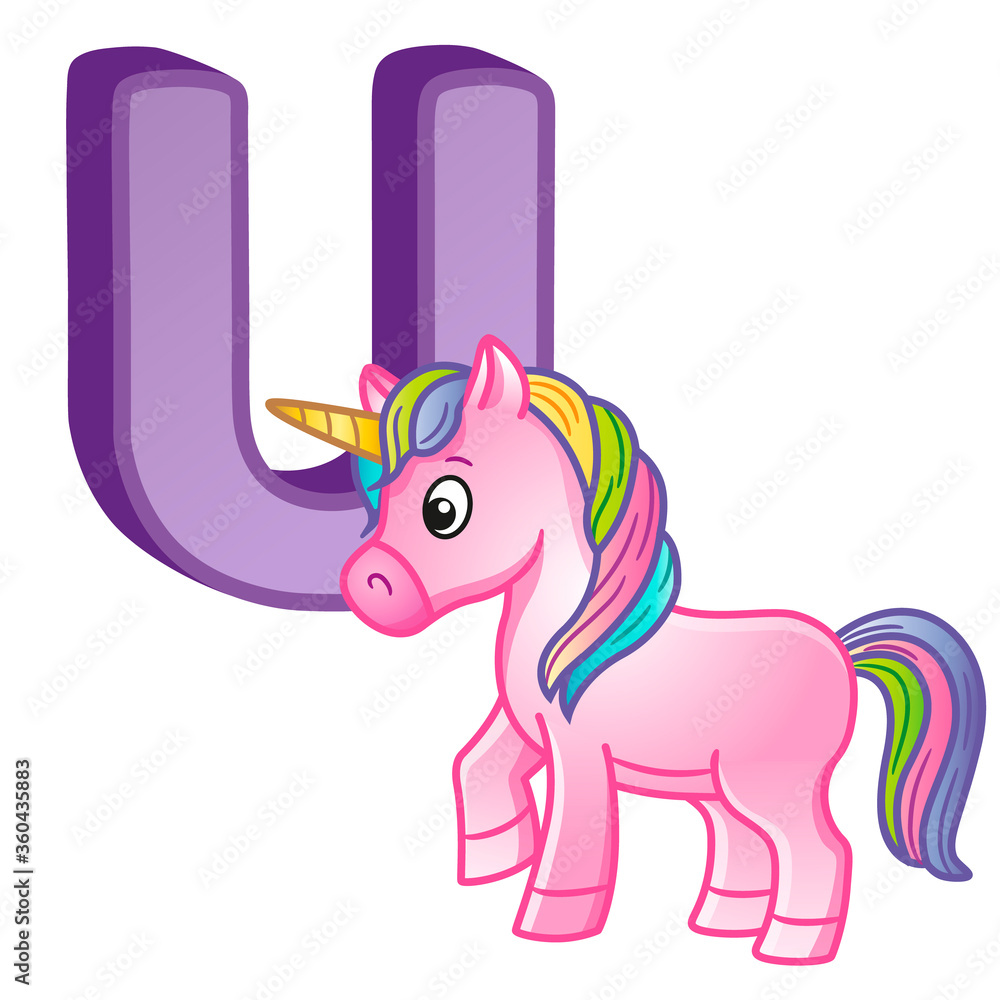Vector bright illustrations alphabet with capital letters of the English and cute cartoon animals and things. Poster for kindergarten and preschool. Cards for learning English. Letter U. Unicorn