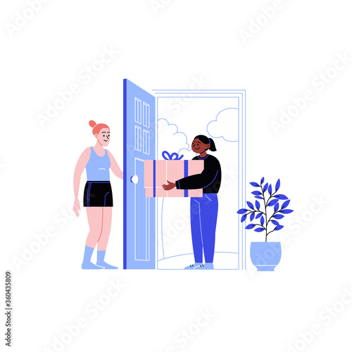 Flat illustration of a delivery girl delivering a package to the recipient's home. Online shopping during the quarantine. 