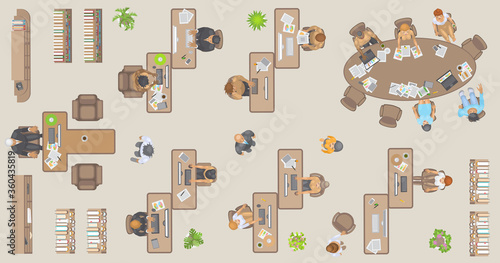 Vector illustration. Office top view. People at work. Office room, office furniture, cabinets, desks, chairs, computers. (view from above) 