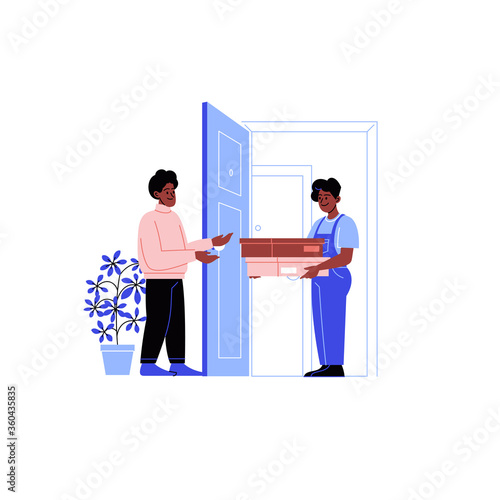 Flat illustration of a delivery guy delivering a package to the recipient's home. Online shopping during the quarantine. 