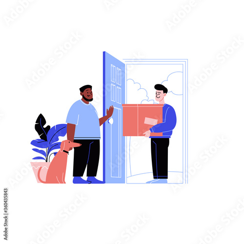 Flat illustration of a delivery guy delivering a package to the recipient's home. Online shopping during the quarantine. 