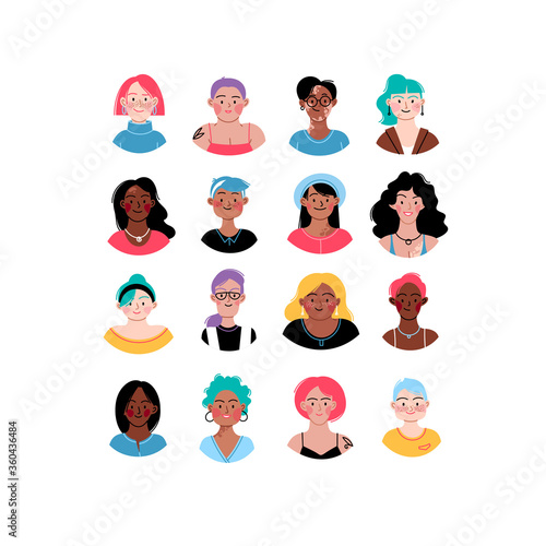 Female diverse faces of different ethnicity, different skin and different bodies