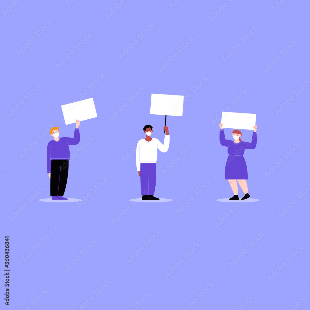 A group of activists wearing face masks protesting with blank cardboards. Different people on a working strike holding posters. Pandemic protest concept. Flat vector illustration A group of activists wearing face masks protesting with blank cardboards. Different people on a working strike holding posters. Pandemic protest concept. Flat vector illustration