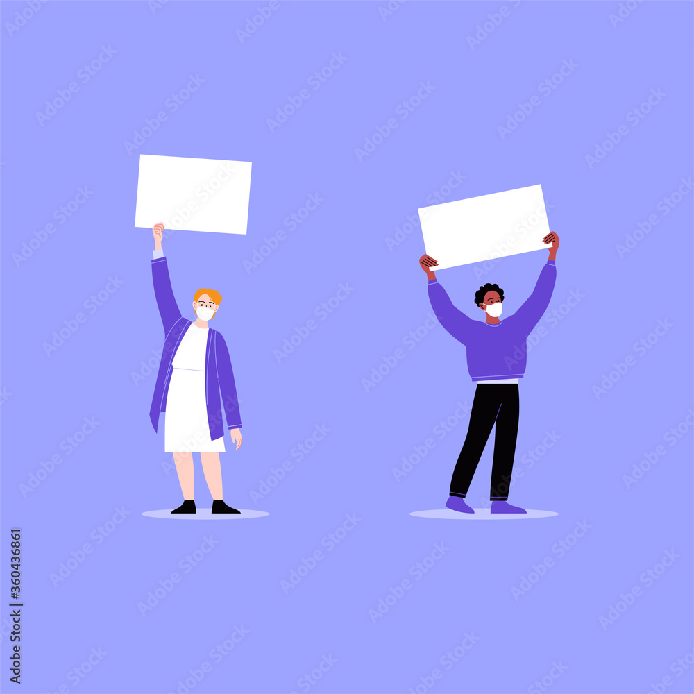 Two activists wearing face masks protesting with blank cardboards. A man and a woman on a working strike holding posters. Pandemic protest concept. Flat vector illustration Two activists wearing face masks protesting with blank cardboards. A man and a woman on a working strike holding posters. Pandemic protest concept. Flat vector illustration