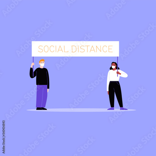 Two activists wearing face masks protesting with a blank cardboard. A man and a woman on a working strike holding protest banner. Pandemic protest concept. Flat vector illustration