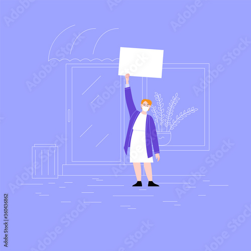 A woman wearing face masks protesting with blank cardboards. Female activist standing on the street holding protest poster. Pandemic protest concept. Flat vector illustration