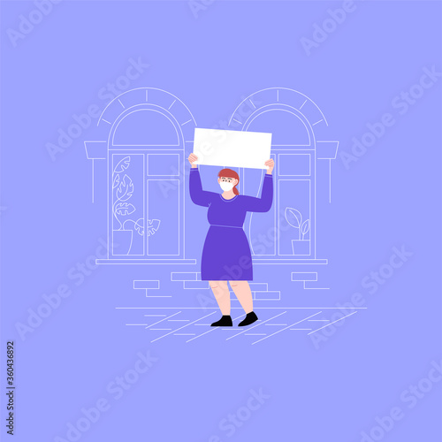 A woman wearing face masks protesting with blank cardboards. Female activist standing on the street holding protest poster. Pandemic protest concept. Flat vector illustration