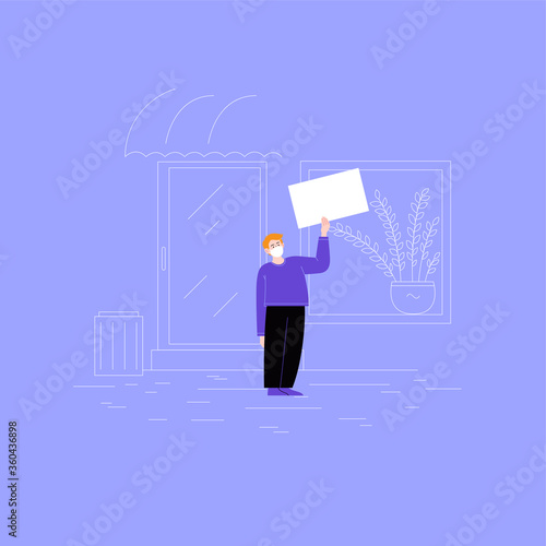 A man wearing face masks protesting with blank cardboards. Male activist standing on the street holding protest poster. Pandemic protest concept. Flat vector illustration