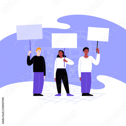 A group of activists protesting with blank cardboards. Different people standing on the street holding posters. Flat vector illustration