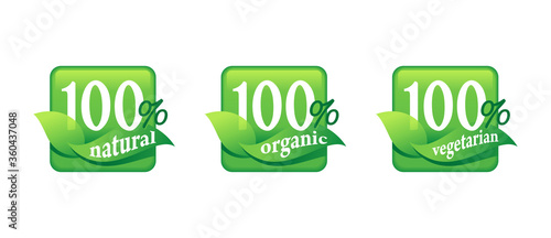 100 natural, 100 organic, 100 vegetarian food sticker set for healthy nutrition badge in 3 variations