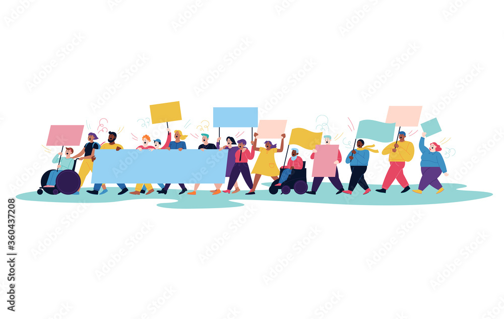 Flat illustration of a protest march. Different people walking together holding banners and posters