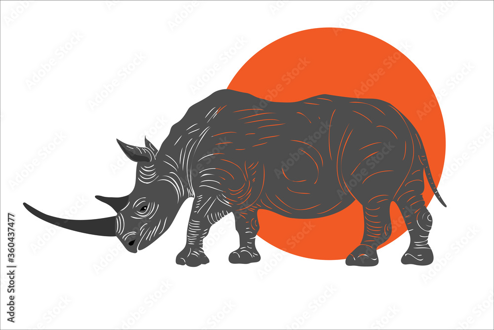 Fototapeta premium Vector realistic rhino stands on the background of the sun. African animals.