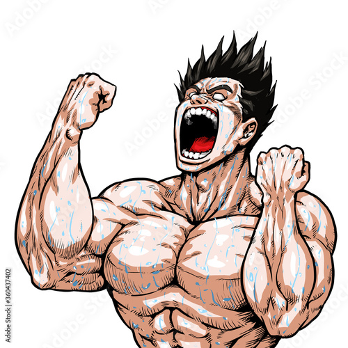 Guts  fake hair  flirtation  screaming  screaming  gag  cartoon  muscle  bodybuilding  macho  pose  front view  white background