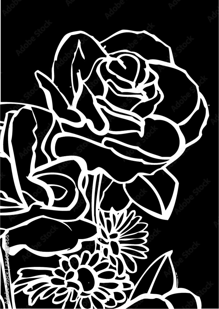 Vector illustration of black & white roses drawing. Pattern ...