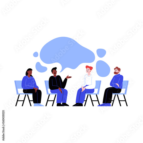 Different people attending a group therapy session. Conversation between four people