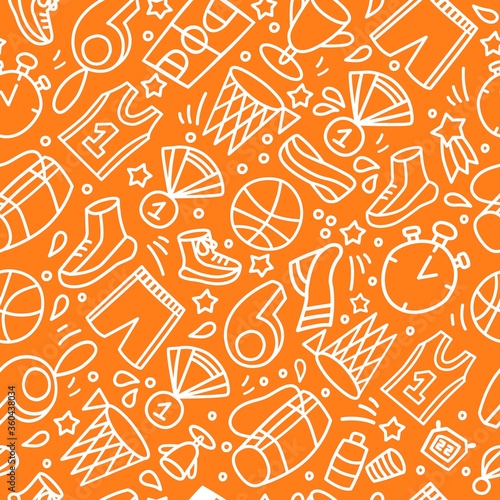 Basketball Seamless Pattern. Hand drawn sport items equipment Background. Wall poster. Sport doodles for basketball player and fans.Design for wrapping, tickets, website, landing, uniform and gear.