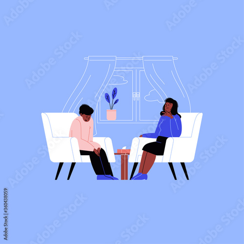 Very sad person attending a therapy session with a female mental specialist. Personal psychotherapy session. Conversation with a psychologist in the therapist office