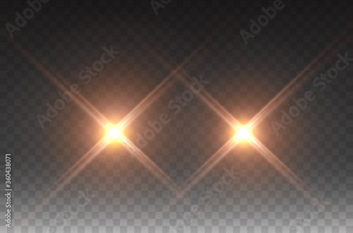 Cars headlight effect. Realistic round flares beams isolated on transparent background. Vector bright train lights for your design