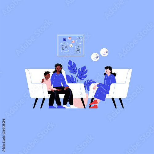 A boy and his mother attending a therapy session with a female mental specialist. Family psychotherapy session. Conversation with a kids psychologist in the therapist office