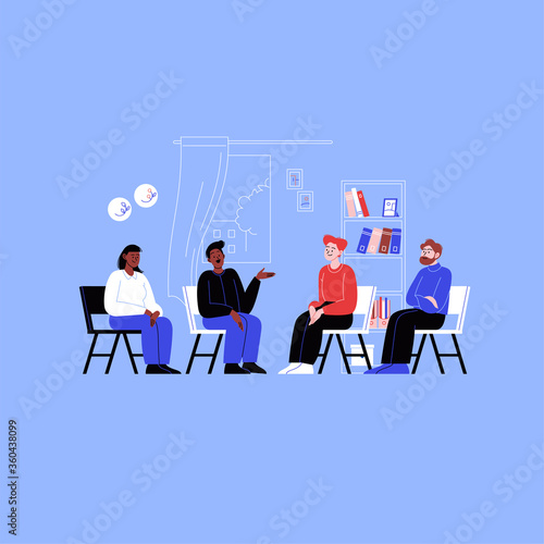 Different people attending a group therapy session. Conversation between four people in the therapist office