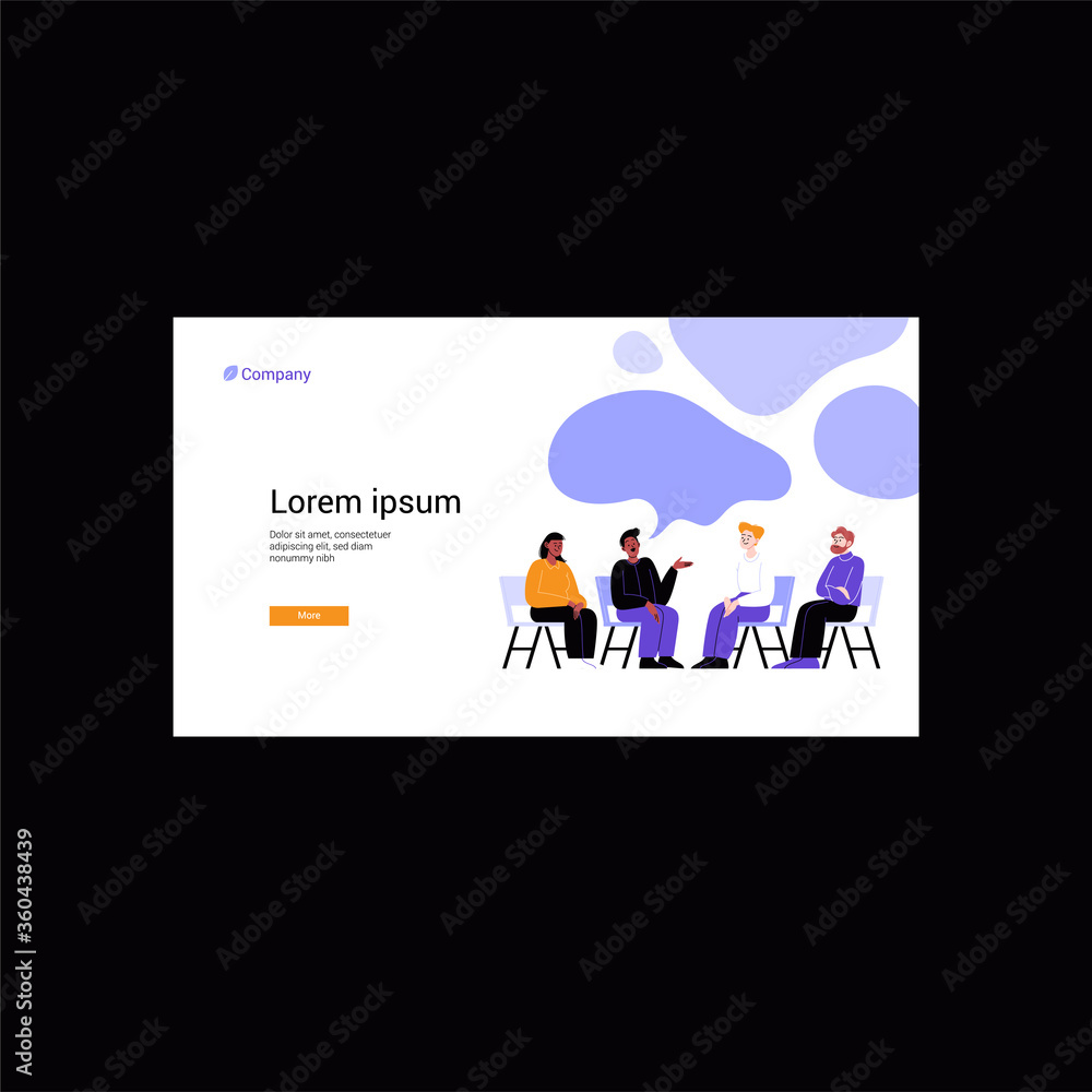A group of different people attending a therapy session with a mental specialist. Group psychotherapy session. Conversation with a psychologist. Website main page template
