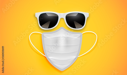 Realistic sunglass and mask on a yellow background, vector illustration