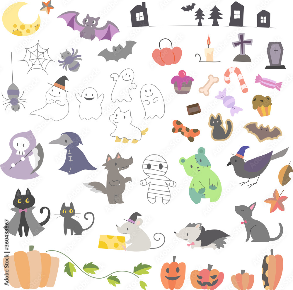 かわいいハロウィーンのイラストセット(白バック)