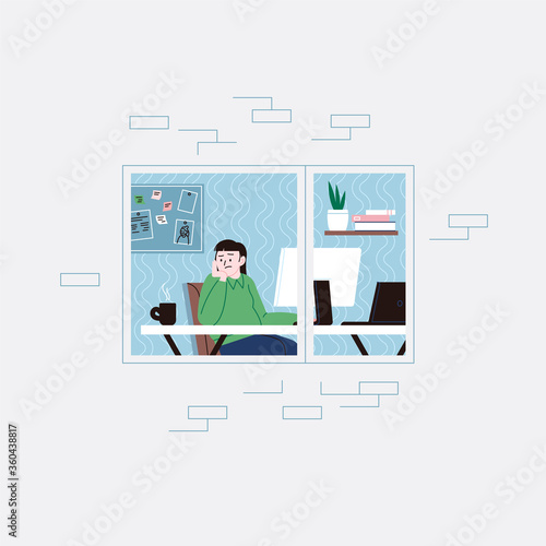 Set of flat illustration of people staying home for the quarantine. Facade of an apartment house, windows and palcony doors