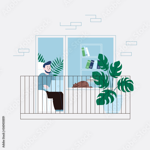 Flat illustration of a man with a beard staying home for the quarantine, working on a laptop in the living room, sitting in the chair. Facade of an apartment house balcony door.