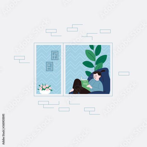 Flat illustration of a man with a beard staying home for the quarantine practicing yoga with a video lesson. Facade of an apartment house balcony door.