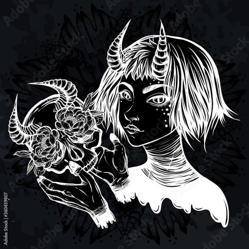 Vector illustration. Demon. Girl with horns. Skull in her hands. Magic. Handmade, background chalkboard, prints on T-shirts