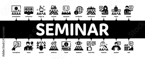 Seminar Conference Minimal Infographic Web Banner Vector. Seminar In Meeting Room, Online Communication And Presentation, Speaker And Lector Illustration