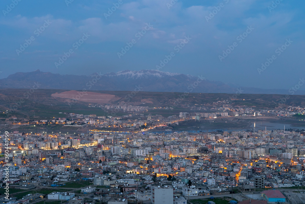 Cizre - Sirnak provience. Cizre cityscape with Cudi Mountain and tigris river.  Botan area