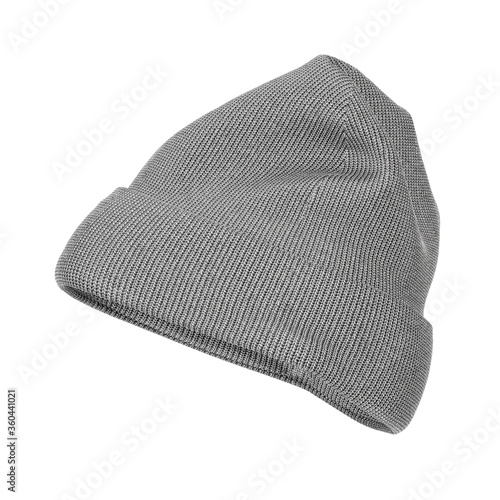 Blank Winter Gray Knitted Wool Beanie Hat Cap Mockup with Free Space for Your Design. 3d Rendering