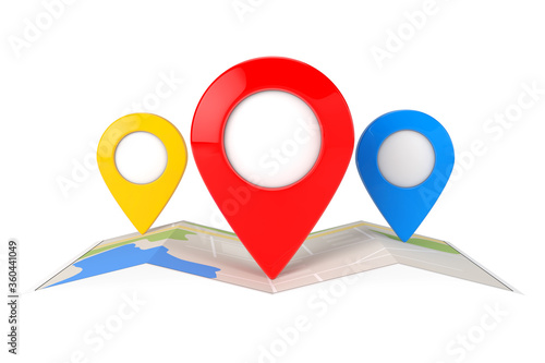 Folded Abstract Navigation Map with Three Target Map Pointer Pins. 3d Rendering