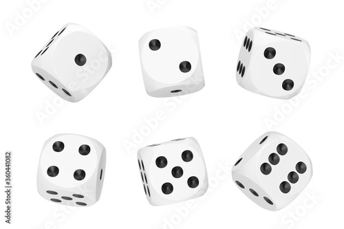 Casino Gambling Concept. Set of White Game Dice Cubes in Differetn Positions. 3d Rendering