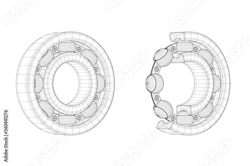 Set of Drawing Lines Ball Bearings with One Cut Outed Where Visible the Inner Parts. 3d Rendering