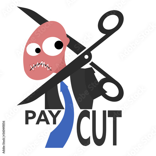 Scissor beheading office worker or employee while his lips are stitched together. Concept of pay cuts during crisis. 