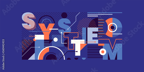 Modish abstract banner design with typography and various geometric shapes. "System" headline. Vector illustration.