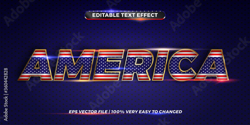 Editable text effect - USA word with its national country flag. Text effect style in 3d America, text effect theme editable metal gold color concept. 4th of july. Labor day.