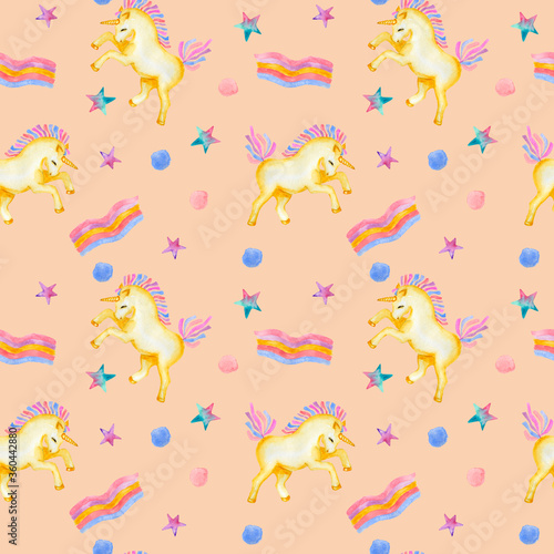 Gold unicorn, colorful stripes, stars and spots. Seamless pattern. Watercolor hand painted. Perfect for printing on to fabric, design packaging and cover.