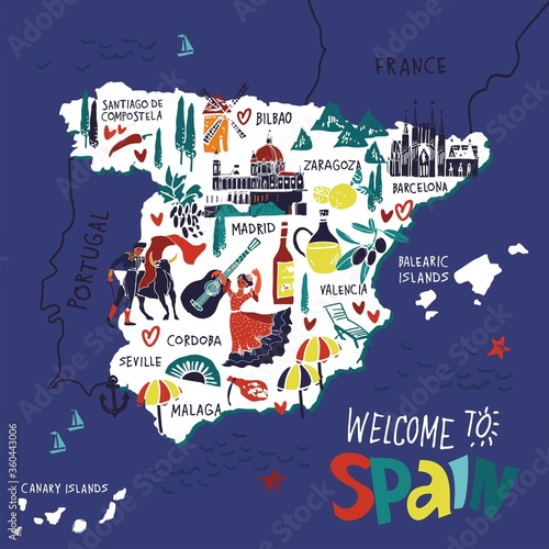 Color decorative stylized tuorist map of Spain. Travel illustration with spanish landmarks, people, food and plants for tourist guide and poster drawn by hand. Cartoon cute Vector illustration