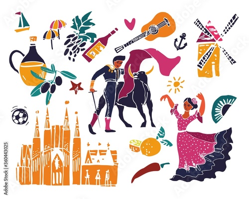 Color Set of symbols of Spain, flamenco dancer, wine, olive oil, mill, fan for tourist posters t-shirts or Souvenirs painted by hand. Vector cute cartoon illustration