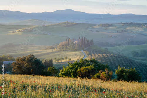Tuscany Farmhouse Belvedere at dawn, San Quirico d'Orcia, Italy
